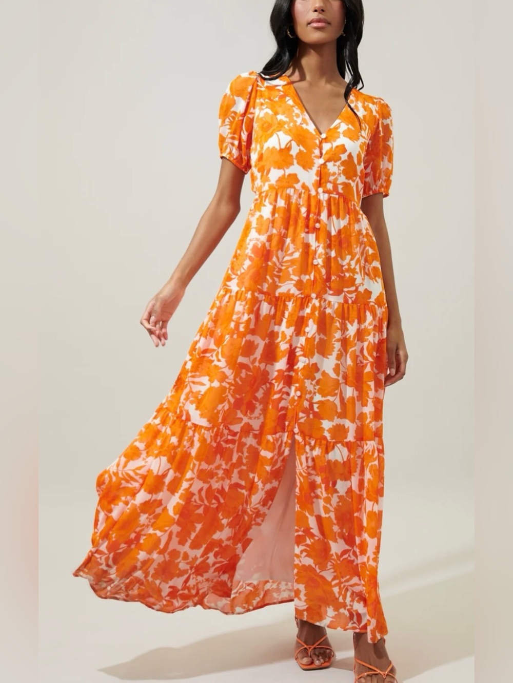 SUGARLIPS Monaco Tiered Maxi Dress Size M Medium Tangelo Orange Floral